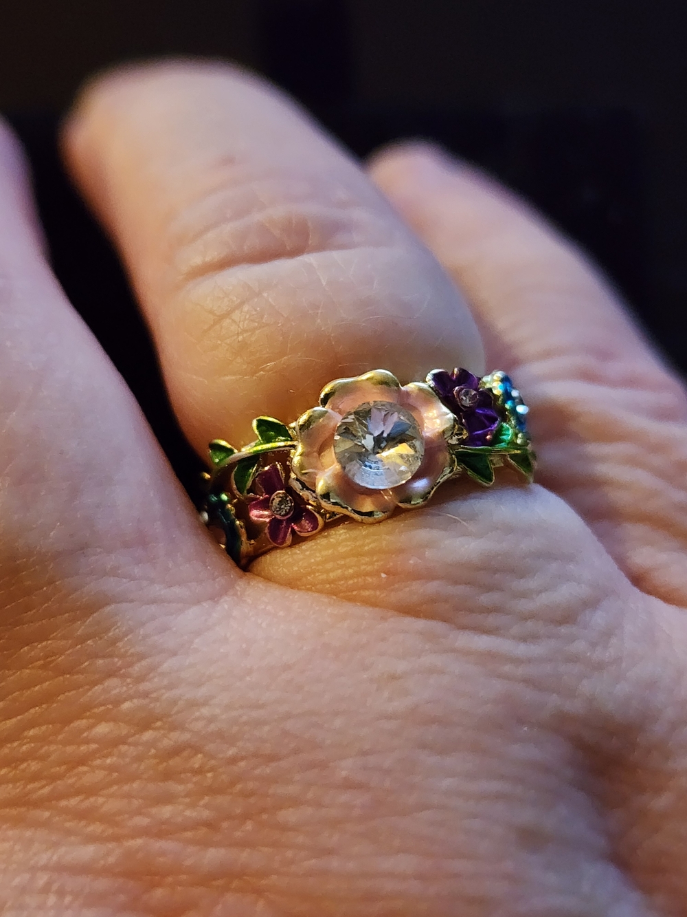 Floral Crystal Accent Ring - Multicolor Pink Center